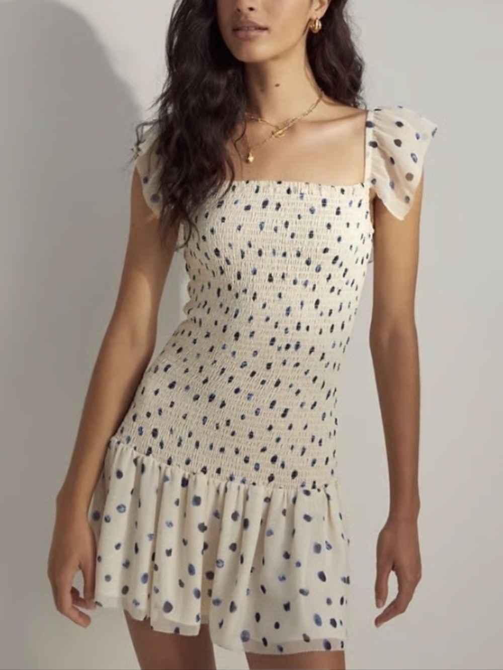 NWT Wilfred (Aritzia) Ivory & Blue Polka Dot Smocked "Eldorado" Mini Dress (M)